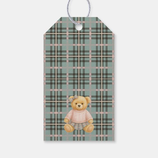 Pink Coquette Bow Bear Tartan Birthday Favors Geschenkanhänger (Rückseite)