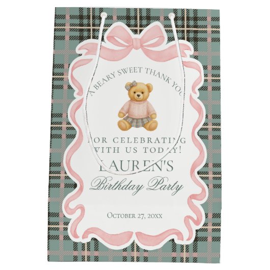 Pink Coquette Bow Bear Tartan Birthday Favors Mittlere Geschenktüte (Rückseite)