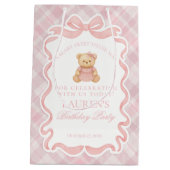 Pink Coquette Bow Bear Tartan Birthday Favors Mittlere Geschenktüte (Rückseite)
