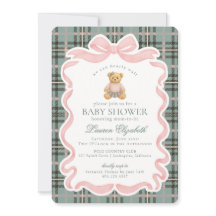 Pink Coquette Bow Bear Tartan Plaid Baby Shower
