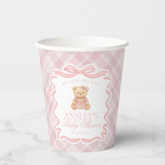 Pink Coquette Bow Bear Tartan Plaid Baby Shower Pappbecher (Vorderseite)