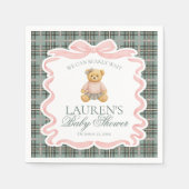 Pink Coquette Bow Bear Tartan Plaid Baby Shower Serviette (Vorderseite)