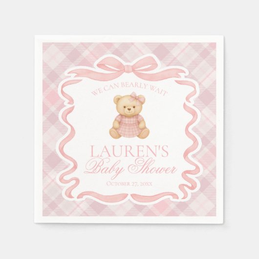 Pink Coquette Bow Bear Tartan Plaid Baby Shower Serviette (Vorderseite)