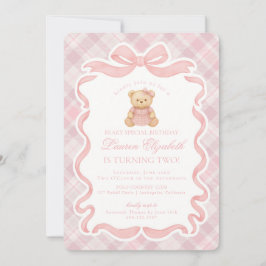 Pink Coquette Bow Bear Tartan Plaid Birthday Einladung