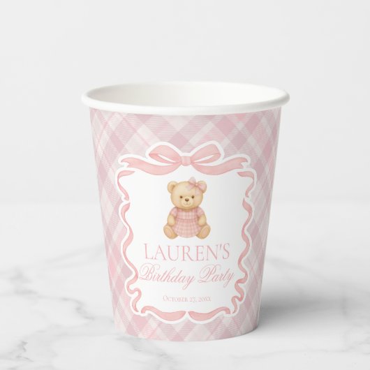 Pink Coquette Bow Bear Tartan Plaid Birthday Pappbecher (Rückseite)