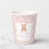 Pink Coquette Bow Bear Tartan Plaid Birthday Pappbecher (Vorderseite)