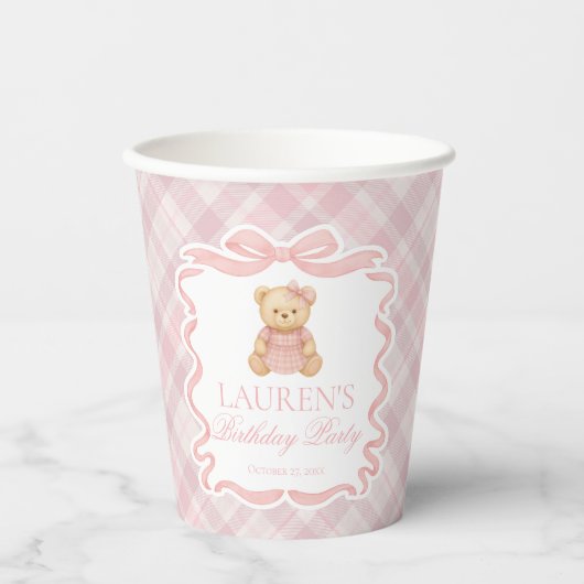 Pink Coquette Bow Bear Tartan Plaid Birthday Pappbecher (Vorderseite)