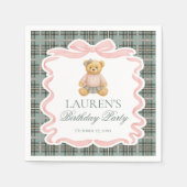 Pink Coquette Bow Bear Tartan Plaid Birthday Serviette (Vorderseite)