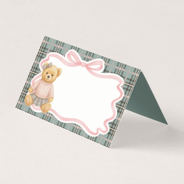 Pink Coquette Bow Bear Tartan Plaid Place Card (Vorderseite)