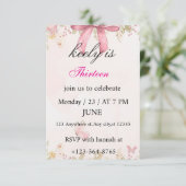 Pink Coquette Bow Birthday Invitation Dankeskarte (Stehend Vorderseite)