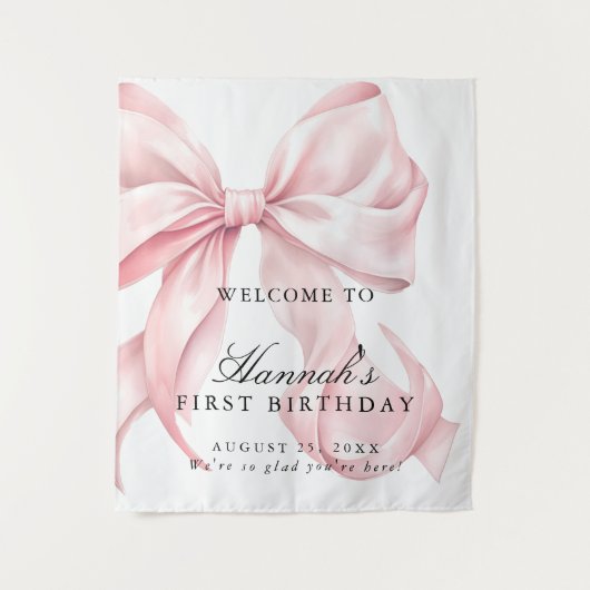 Pink Coquette Bow Birthday Party Welcome Sign Wandteppich (Vorderseite)