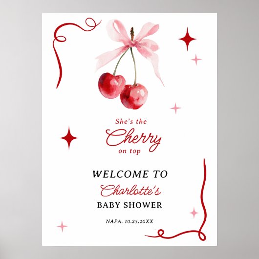 Pink Coquette Bow Cherry auf der Girl Baby Dusche Poster (Vorne)