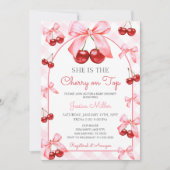 Pink Coquette Bow Cherry auf Top Baby Dusche Einladung (Vorderseite)