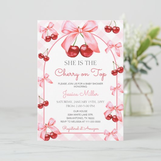 Pink Coquette Bow Cherry auf Top Baby Dusche Einladung (Stehend Vorderseite)
