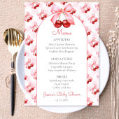 Pink Coquette Bow Cherry Baby Shower Menu Dankeskarte