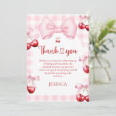 Pink Coquette Bow Cherry Birthday Dankeskarte (Stehend Vorderseite)