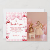 Pink Coquette Bow Cherry Birthday Foto Dankeskarte (Vorderseite)