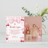 Pink Coquette Bow Cherry Birthday Foto Dankeskarte (Stehend Vorderseite)