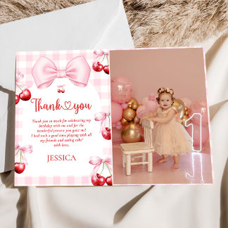 Pink Coquette Bow Cherry Birthday Foto Dankeskarte