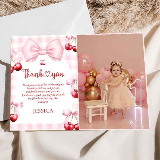 Pink Coquette Bow Cherry Birthday Foto Dankeskarte