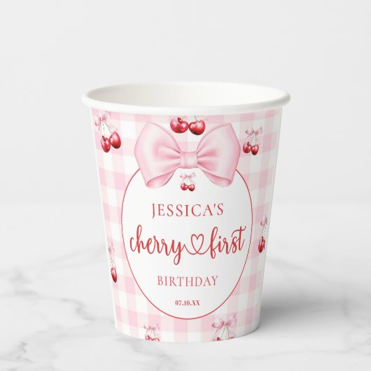 Pink Coquette Bow Cherry First Birthday Party Pappbecher (Rückseite)