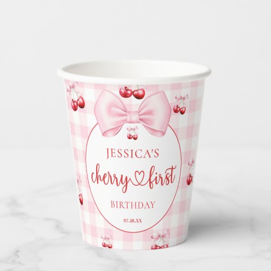 Pink Coquette Bow Cherry First Birthday Party Pappbecher (Vorderseite)