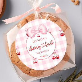 Pink Coquette Bow Cherry First Birthday Party Runder Aufkleber