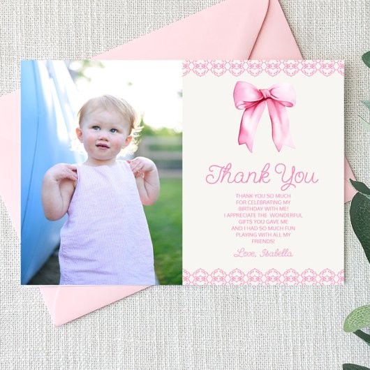 Pink Coquette Bow Custom Picture Birthday Party Dankeskarte