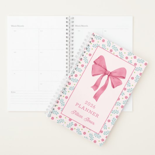 Pink Coquette Bow Floral Pattern Custom Name Planer (Anzeige)
