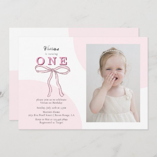 Pink Coquette Bow Foto 1. Geburtstag Einladung (Vorne/Hinten)