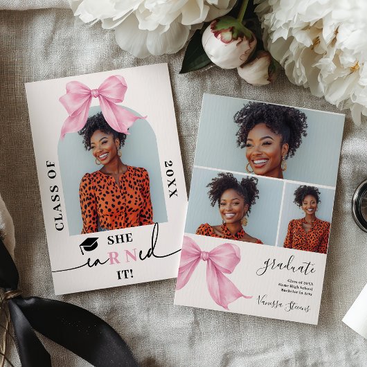 Pink Coquette Bow Nurse 4-Photo Graduation Einladung