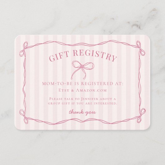 Pink Coquette Bow Pastel Baby Dusche Registrierung Begleitkarte (Vorderseite)