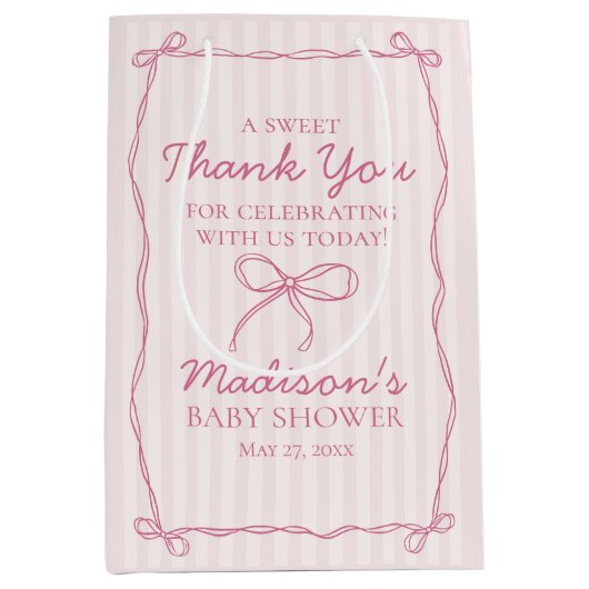 Pink Coquette Bow Pastel Striping Baby Dusche Gefa Mittlere Geschenktüte (Vorderseite)