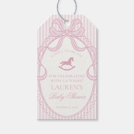 Pink Coquette Bow Rocking Horse Baby Shower Favors Geschenkanhänger (Vorderseite)