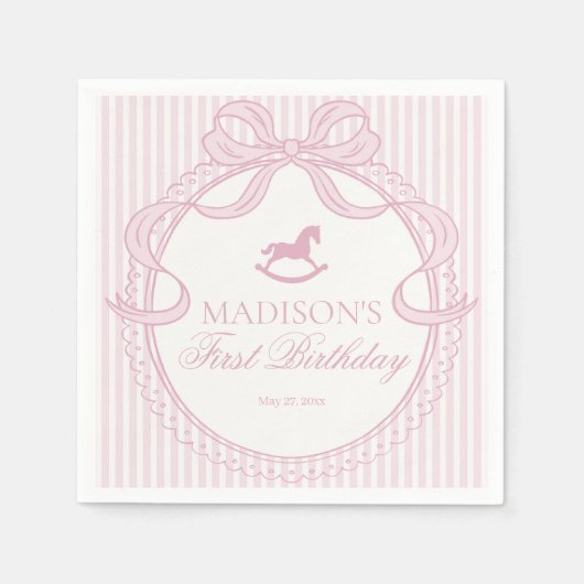 Pink Coquette Bow Rocking Horse Birthday Dessert Serviette (Vorderseite)