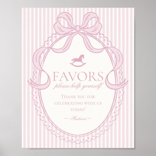 Pink Coquette Bow Rocking Horse Favors Sign Poster (Vorne)