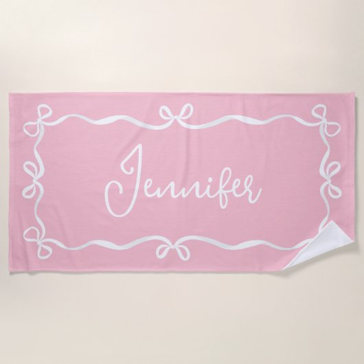Pink Coquette Bows Strandtuch, Individuelle Name Strandtuch (Vorderseite)