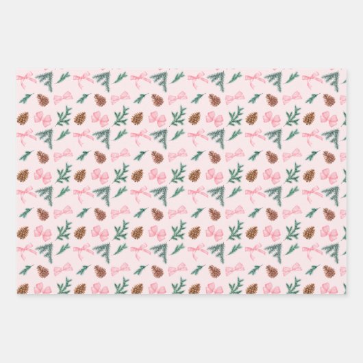 Pink Coquette Bows und Evergreen Pine Boughs Geschenkpapier Set (Vorderseite 3)