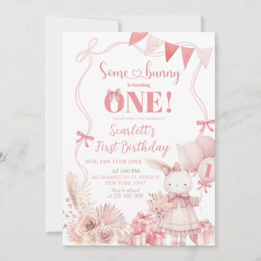 Pink Coquette Bunny Geburtstag Einladung (Vorderseite)