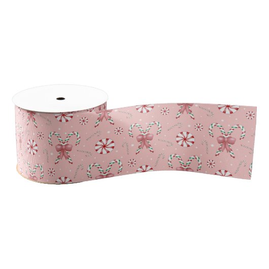 Pink Coquette Candy Cane Pattern Holiday Ripsband (Spule)