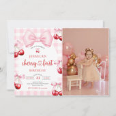 Pink Coquette Cherry First Birthday Party Photo Einladung (Vorderseite)