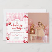Pink Coquette Cherry On Top Birthday Party Photo Einladung (Vorderseite)