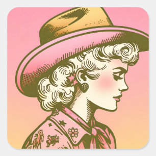 Pink Coquette Diva Retro Cowgirl Quadratischer Aufkleber