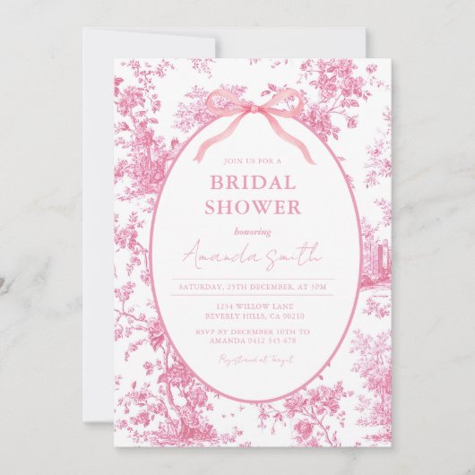 Pink Coquette Floral Toile Bridal Shower Einladung (Vorderseite)