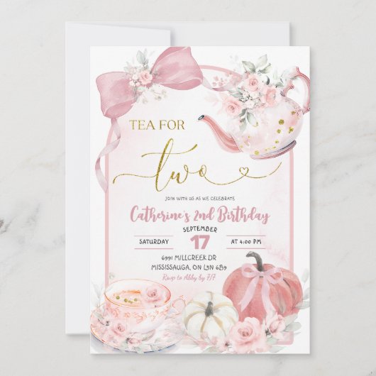 Pink Coquette Pumpkin Tea For Two Second Birthday Einladung (Vorderseite)