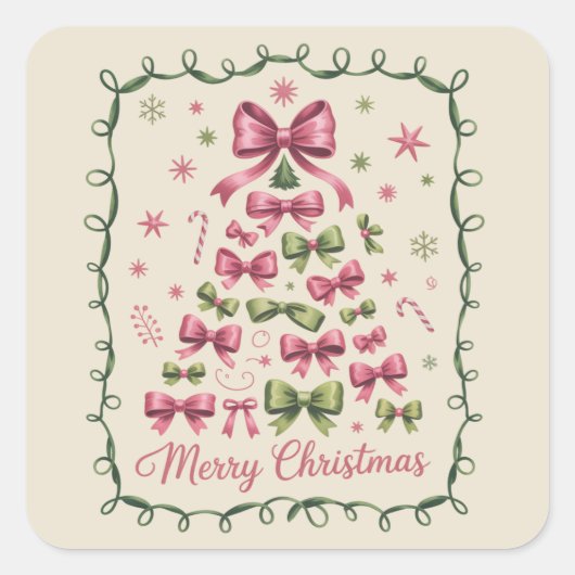 Pink Coquette Weihnachtsbaum Girly Trendy Xmas Quadratischer Aufkleber (Vorderseite)