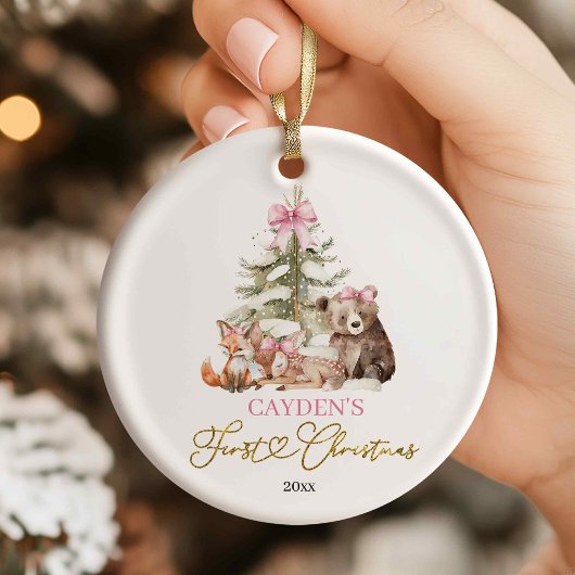 Pink Coquette Woodland First Christmas Ornament