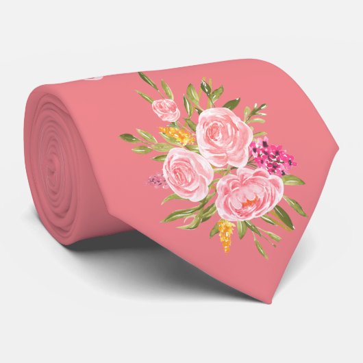 Pink Coral Floral Vater der Bride Neck Tie Krawatte (Gerollt)