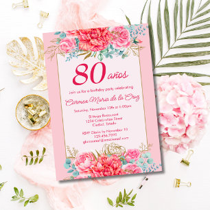 Pink Coral Florals Spanische 80. Geburtstagsparty Einladung