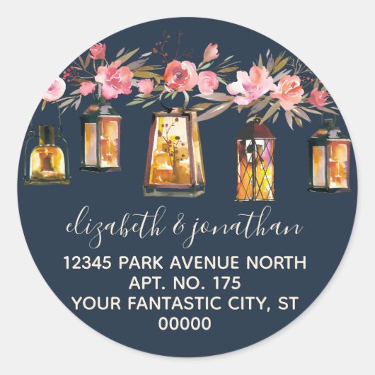 Pink Coral Peonies Lantern Navy Rücksendeadresse Runder Aufkleber (Vorderseite)